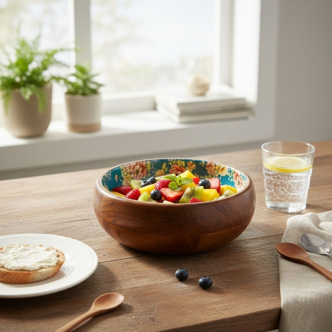 Enamel Floral Wooden Bowl for Sustainable Dining